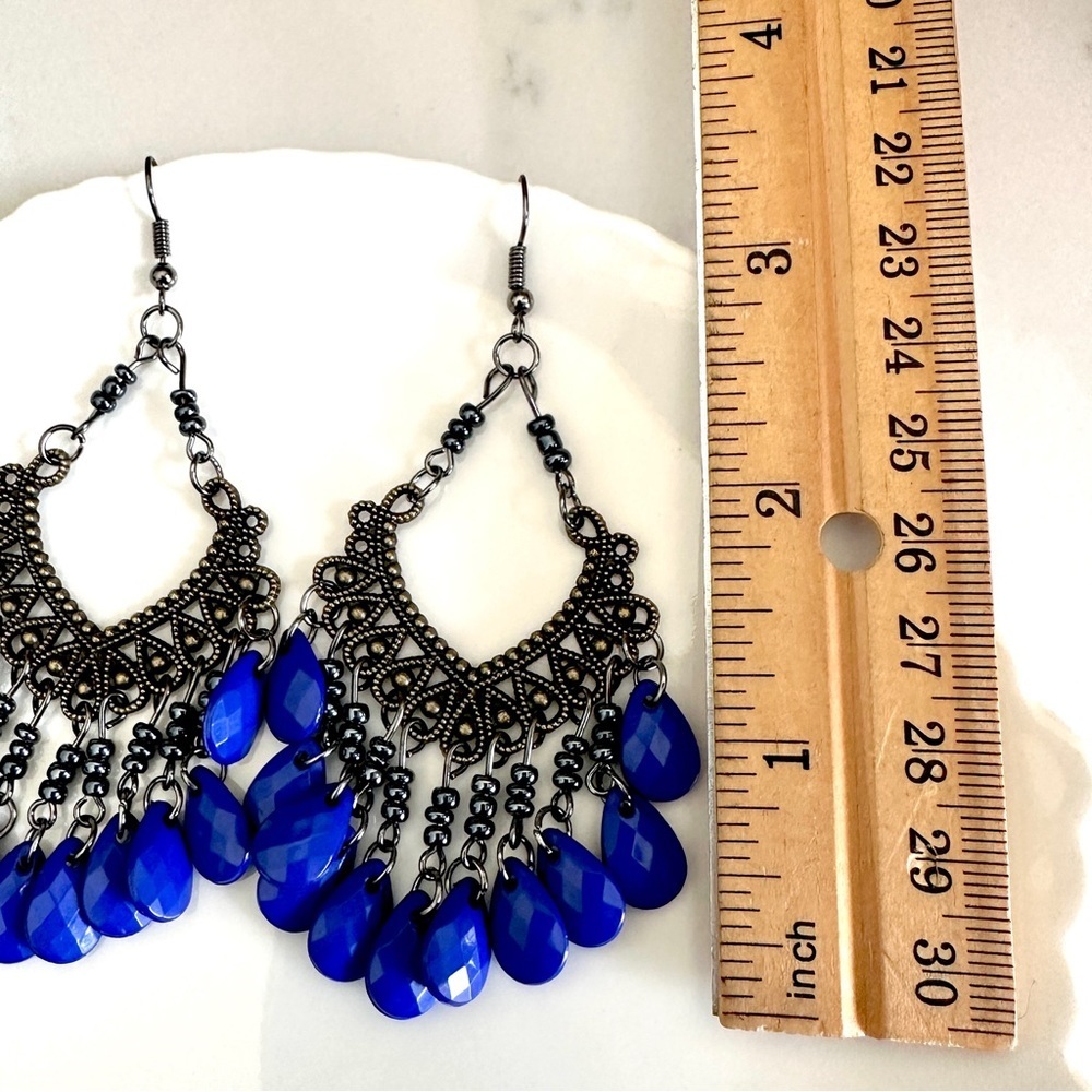 Bohemian Blue Bead Chandelier Earrings Dangle Antiqued Silver Boho Gift NEW - Picture 6 of 11